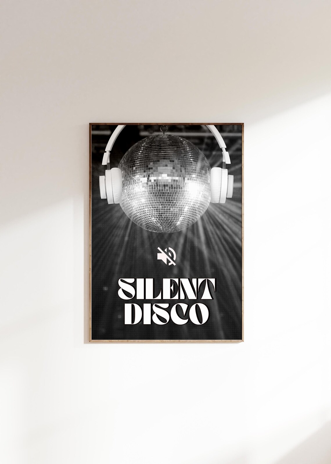 Silent Disco Black and White Headphones Disco Ball Music Poster
