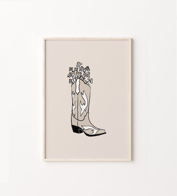 Cowgirl Boot Art, Boho Western Wildflower Print