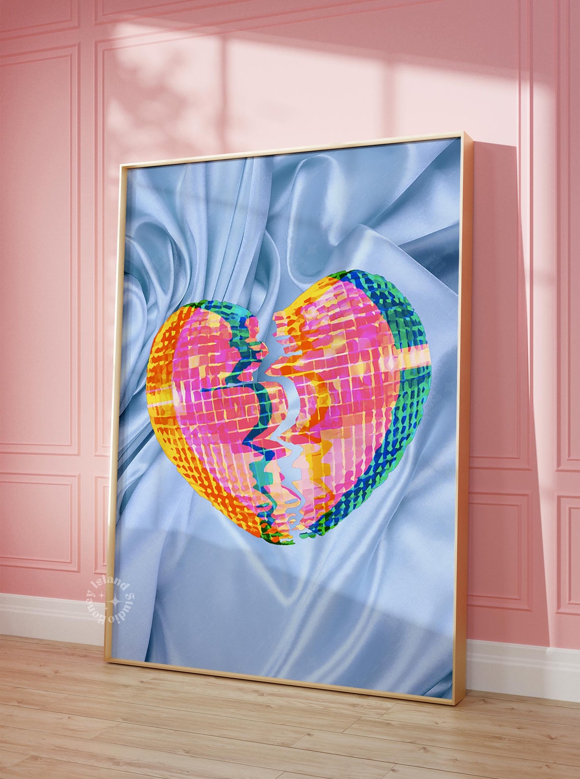 Broken Heart Disco Ball Over Blue Silk Retro Party Art Poster