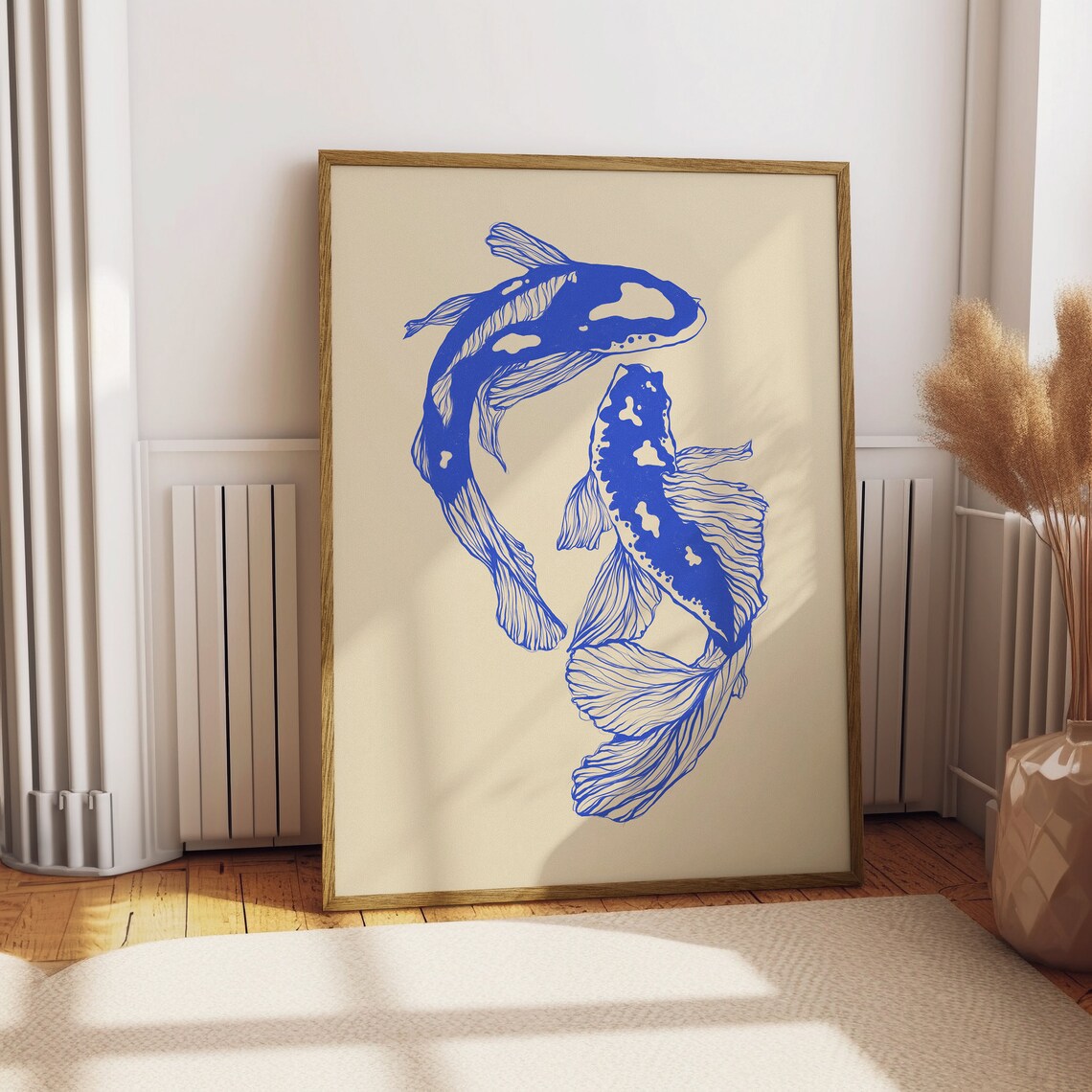 Blue Koi Fish Pair Swimming Cream Japanese Style Minimal Art Poster
