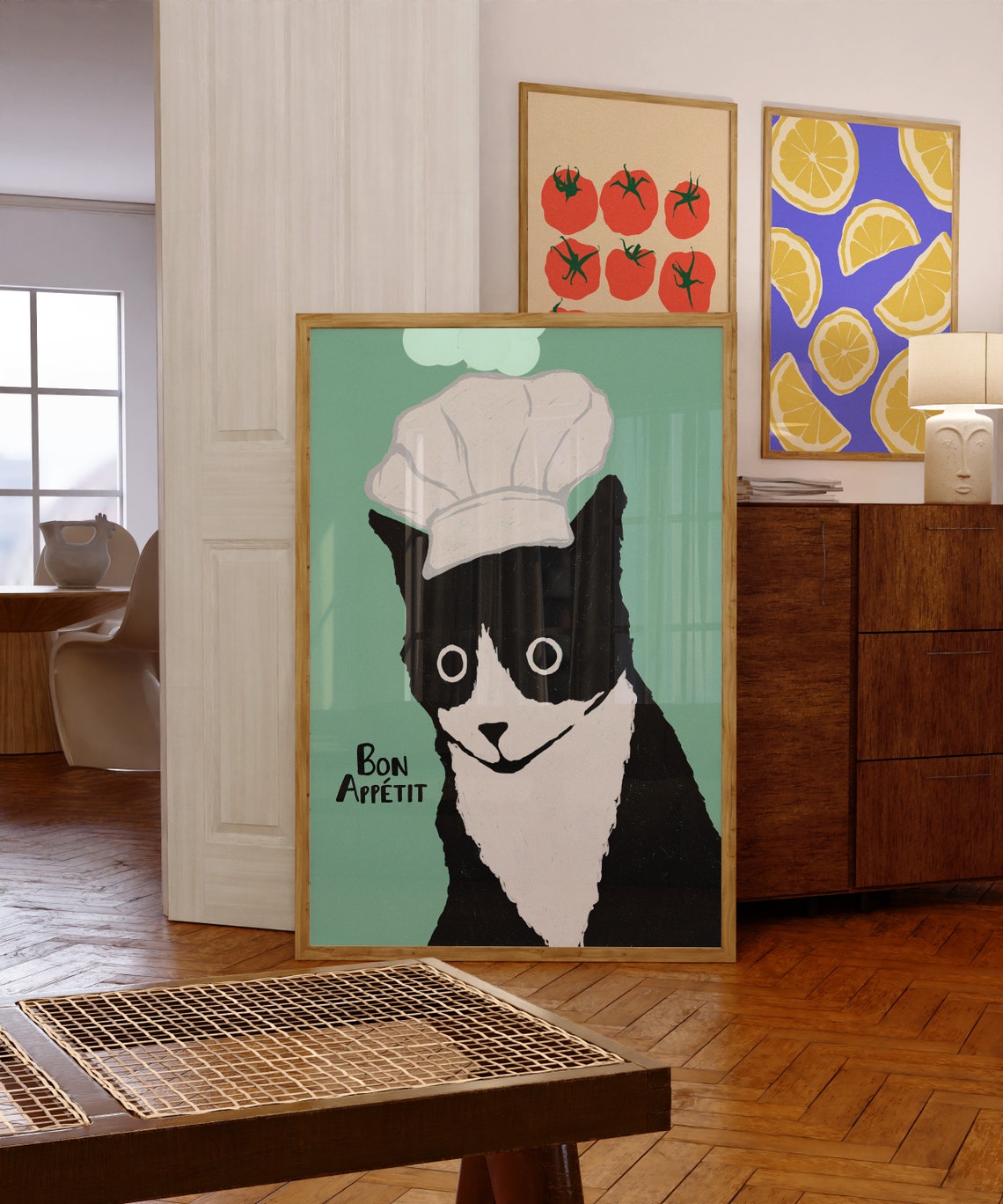 Bon Appetit Chef Cat Mint Green Funny Kitchen Decor Art Print - Image 6