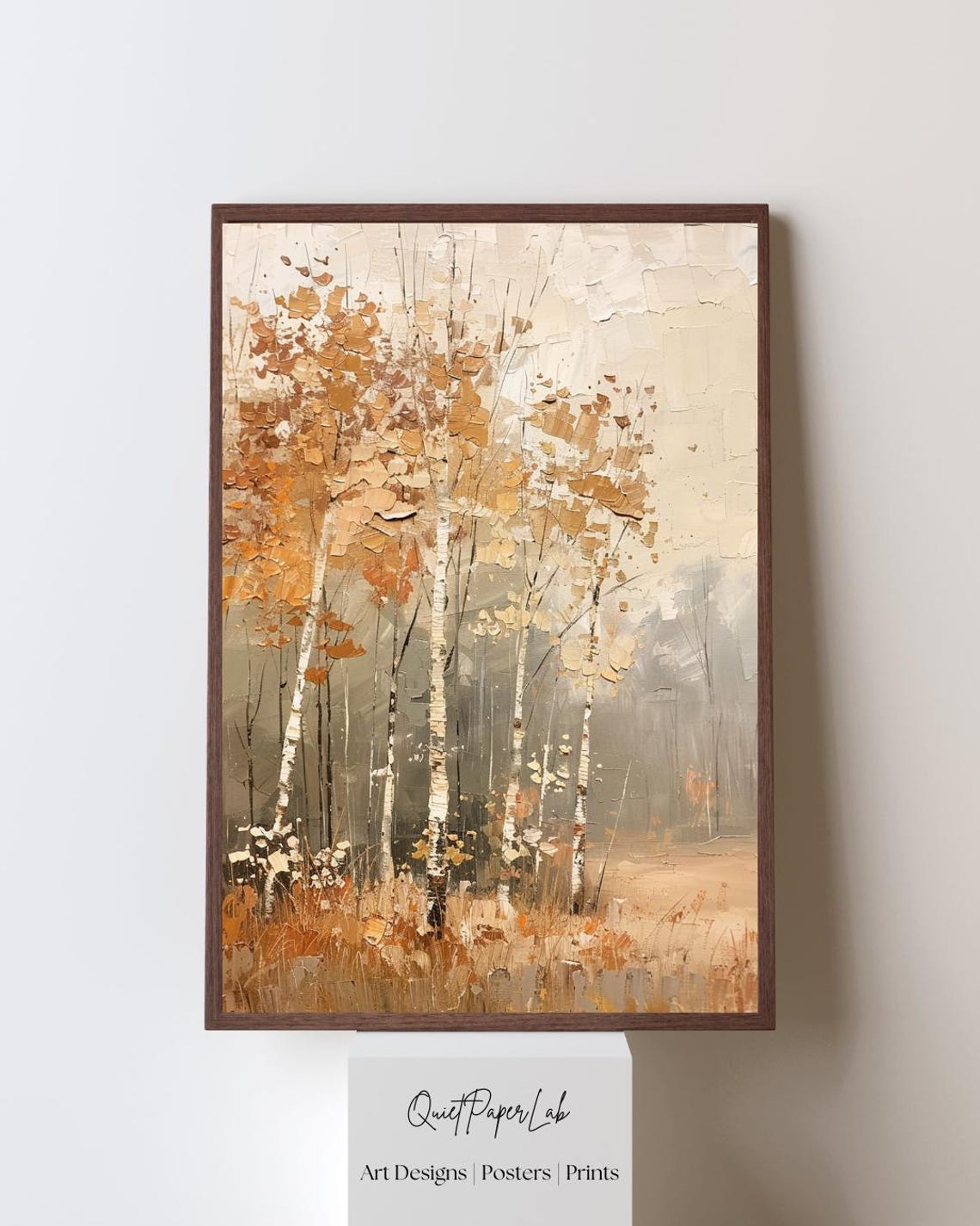 Autumn Birch Grove Landscape Poster Warm Impasto Fall Trees Artwork