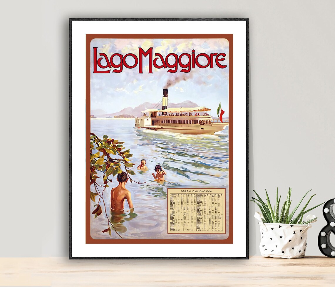 Lago Maggiore Vintage Steamer Ferry Italian Lake Travel Poster