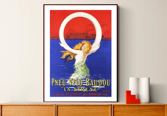 Pneu Velo Baudou La Sirene Vintage Bicycle Tires Poster Sport Poster Retro Poster Bicyclette Art Work Gift Idea Wall Decor