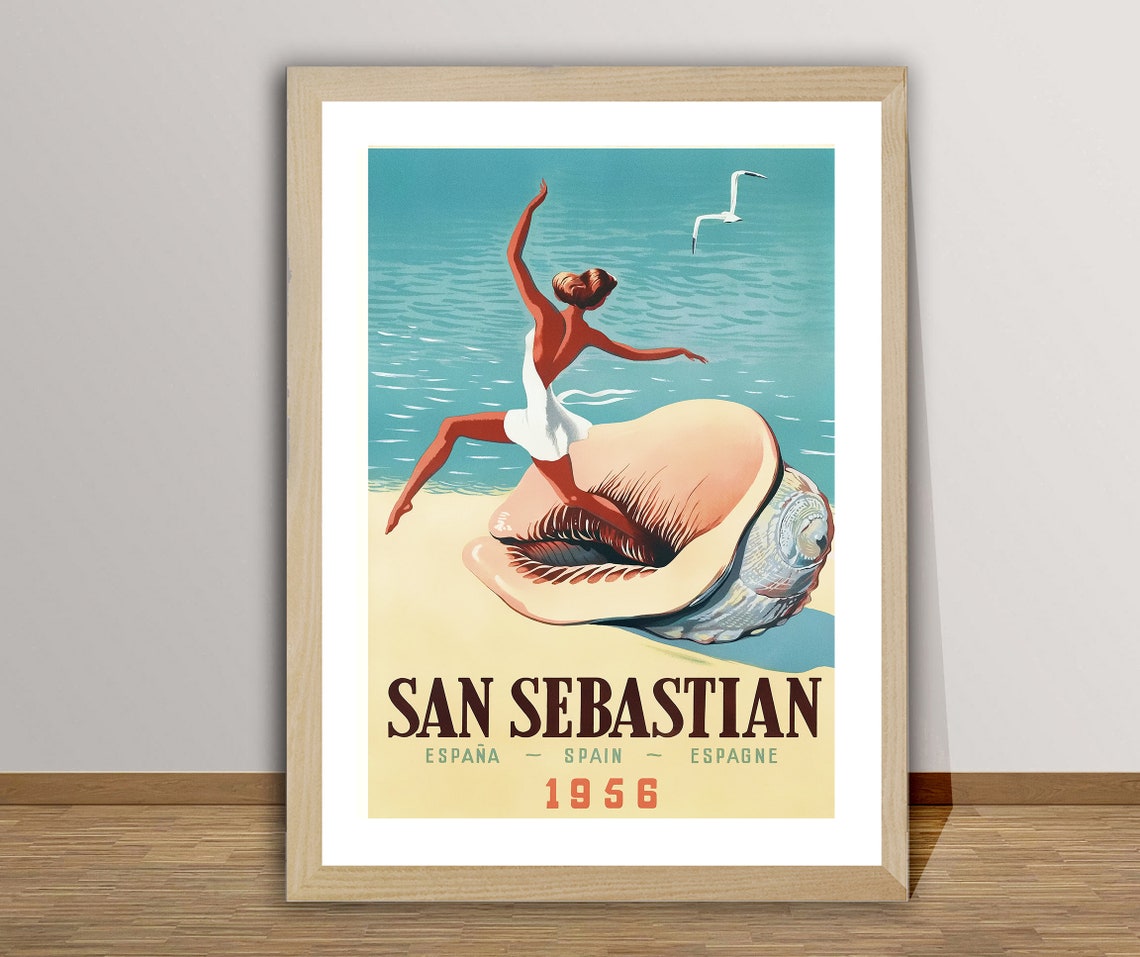 San Sebastian 1956 Spain Vintage Travel Poster Dancer with Seashell - Image 2