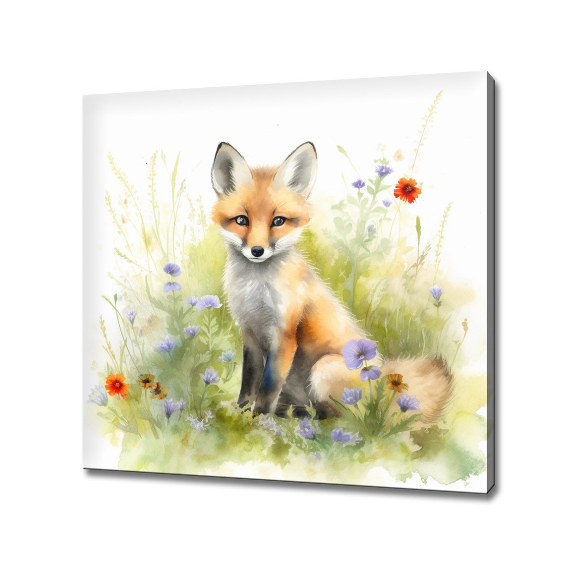 Baby Fox Meadow Bluebells Watercolor Soft White Wildflower Poster