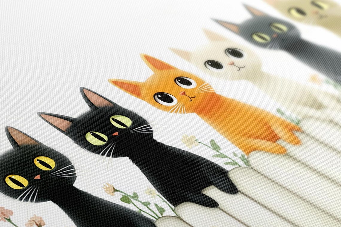 Six Cute Cartoon Cats Sitting On White Picket Fence Nursery Poster - Image 2