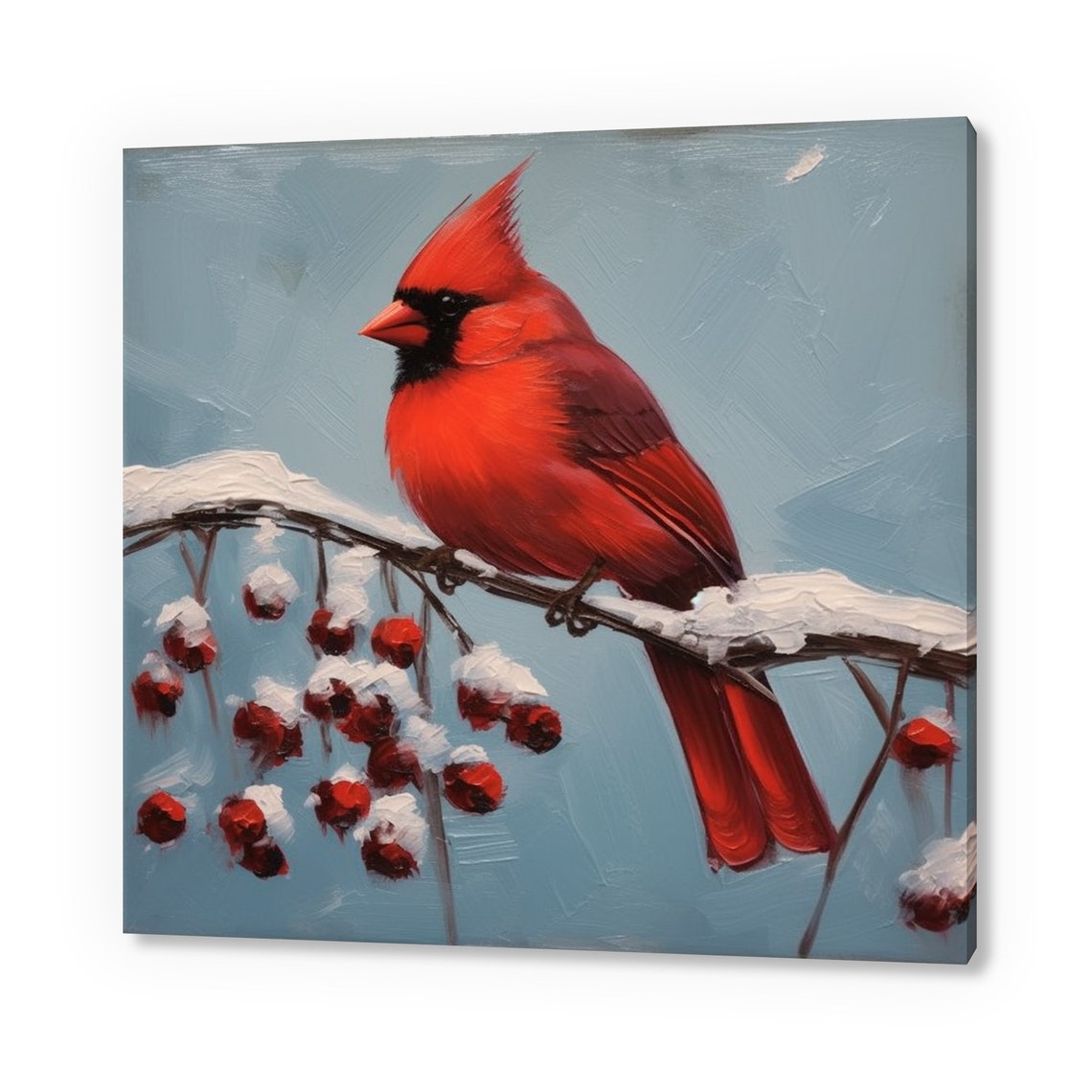 Northern Cardinal On Snowy Branch Red Berries Blue Gray Oil Poster