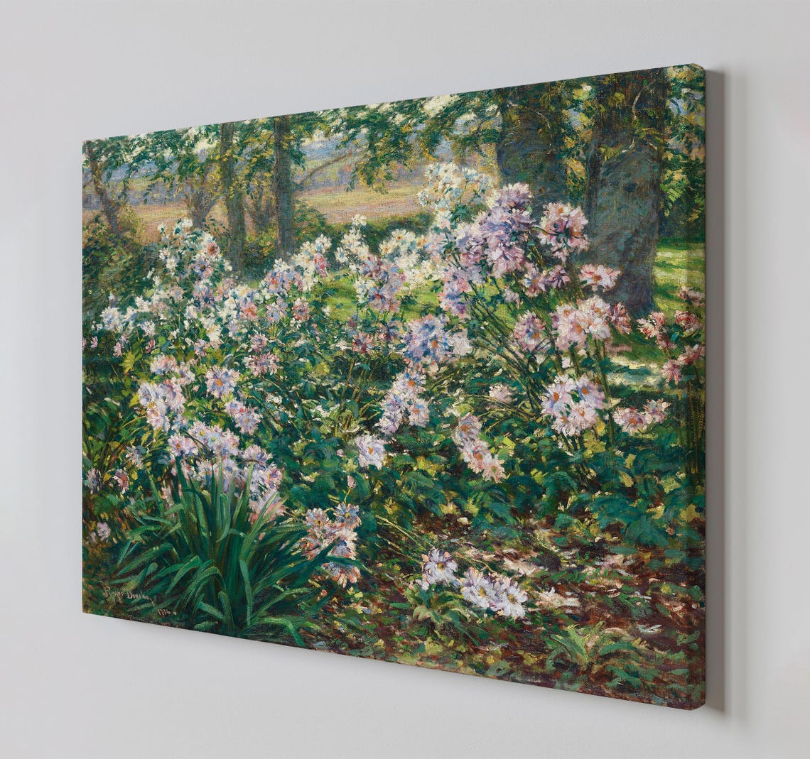 Sunlit Garden White Blossoms Trees Dappled Light Impressionist Print