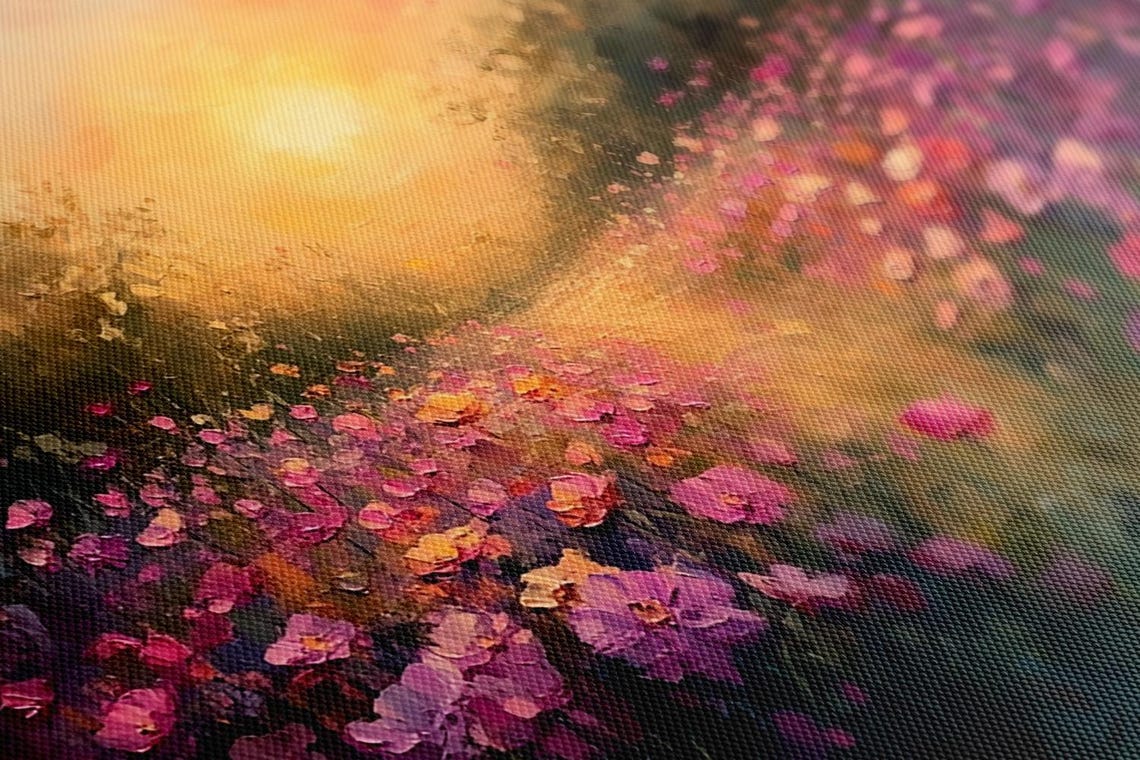 Pink Flowers Dreamy Meadow Field Sunset Vintage Painting Print Countryside Print Living Room Wall Art Farmhouse Decor Art - Image 2