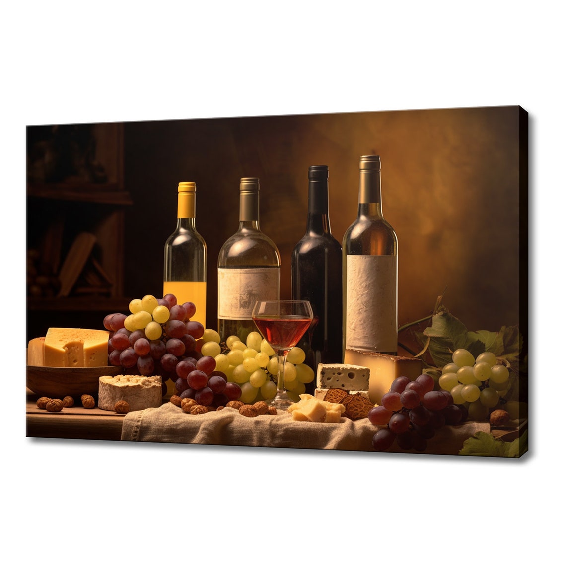 Wine Bottles Cheese Grapes Nuts Rustic Kitchen Still Life Poster