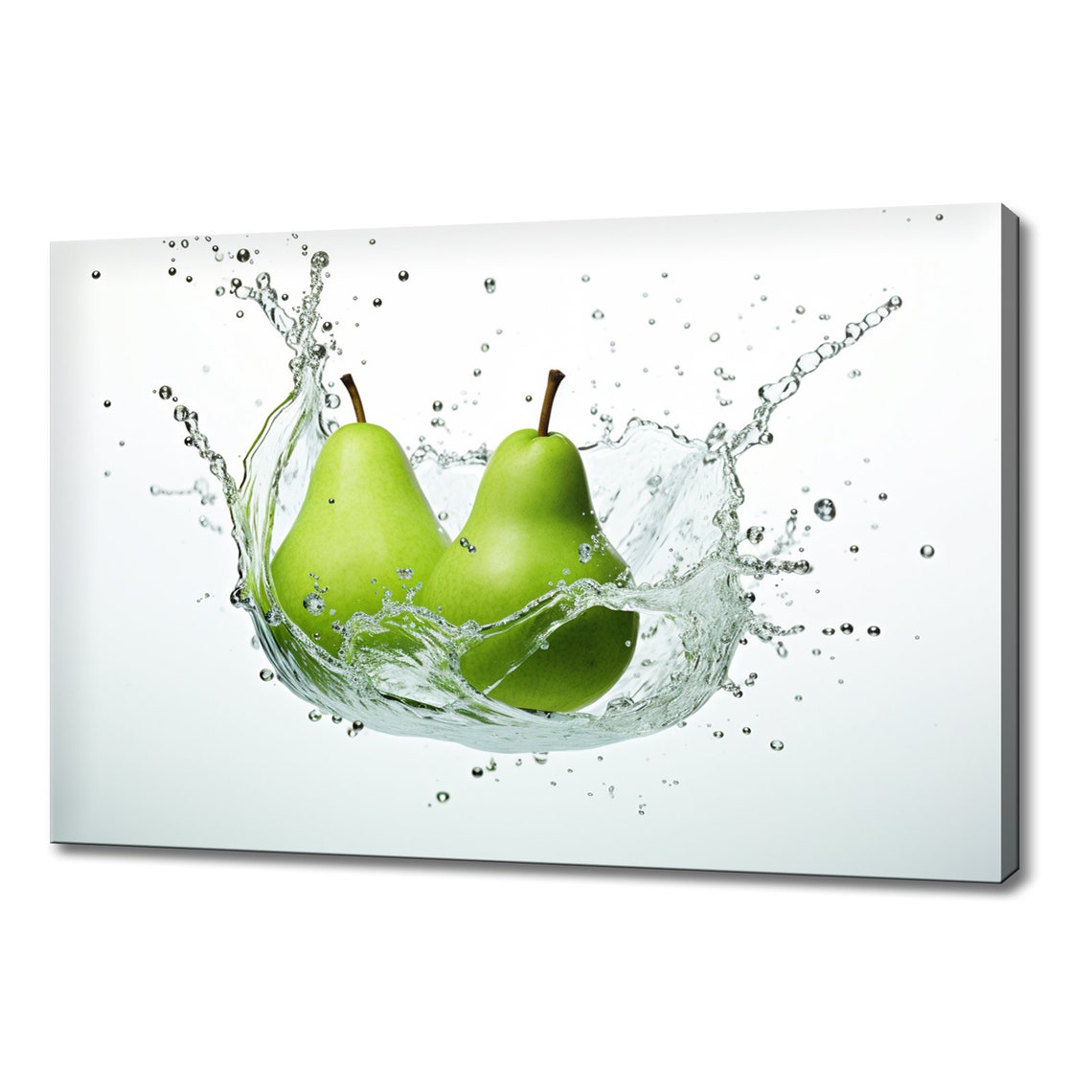 Two Green Pears Splashing In Water Crisp Fresh Fruit Poster Print