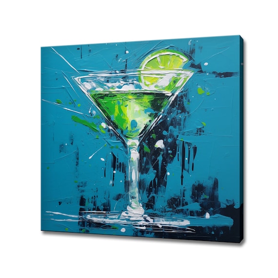 Green Margarita Cocktail Glass Abstract Impasto Teal Blue Bar Kitchen Wall Art