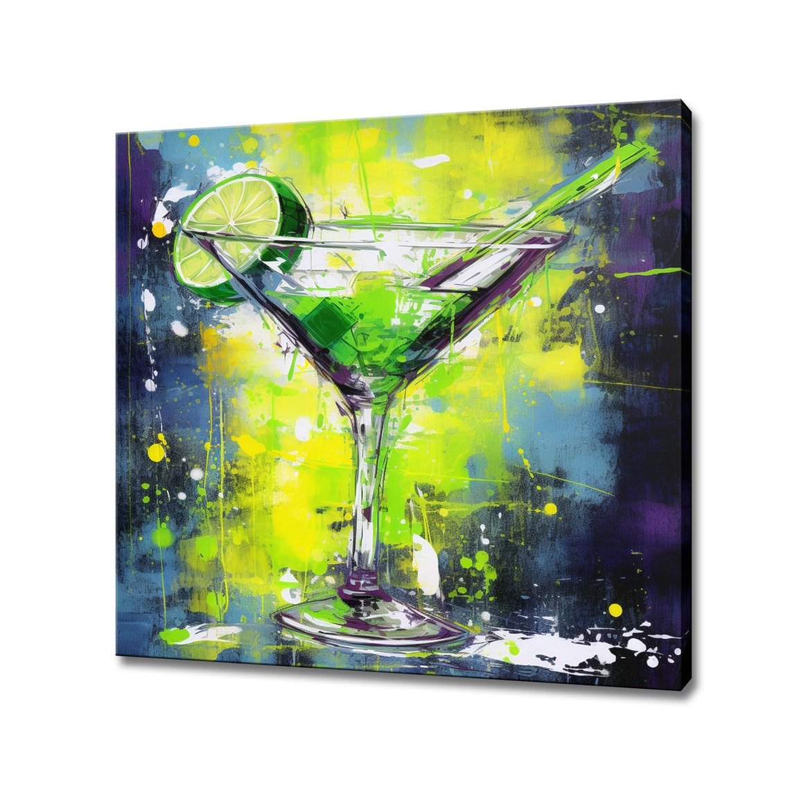Neon Green Cocktail Lime Wheel Electric Splash Modern Bar Wall Art