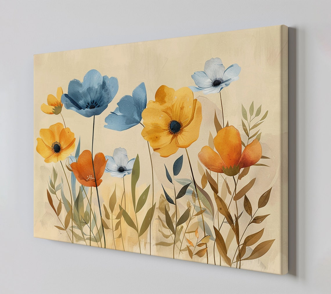 Stylized Orange Blue Poppy Flowers Beige Warm Modern Floral Art Poster