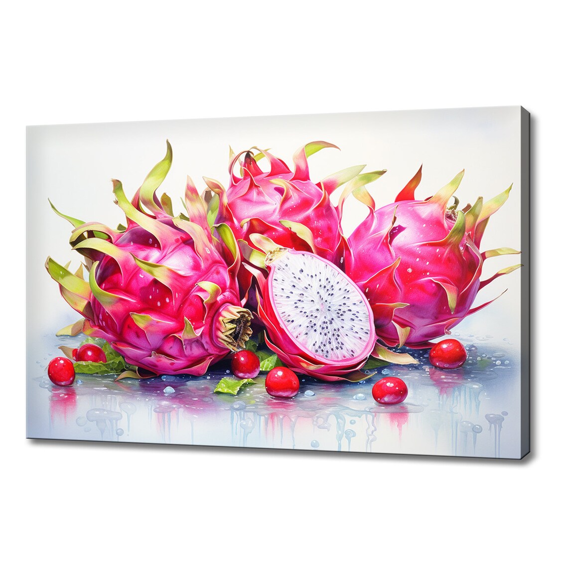 Pink Dragon Fruit Whole And Sliced Watercolor Tropical Poster