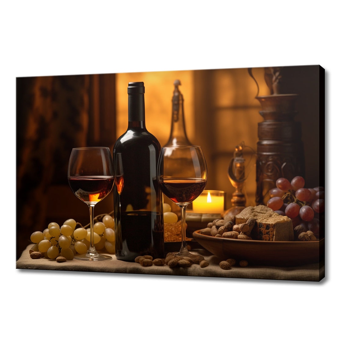 Red Wine Bottle Two Glasses Cheese Candlelit Evening Art Poster