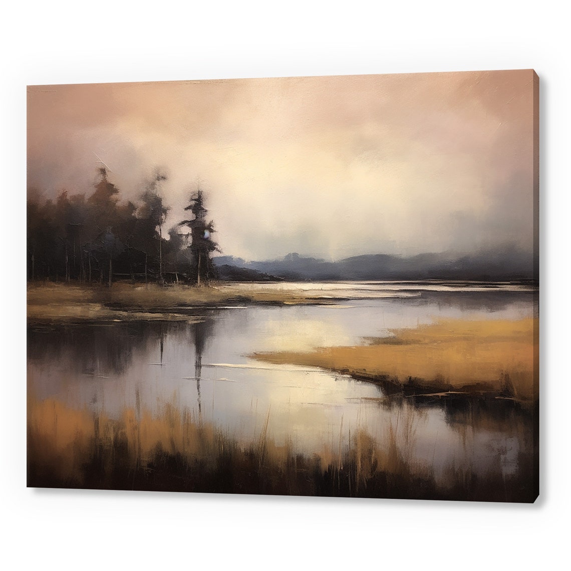 Rustic Vintage Country Lake Forest Antique Countryside Print Moody Painting Print Living Room Wall Art Farmhouse Decor Art