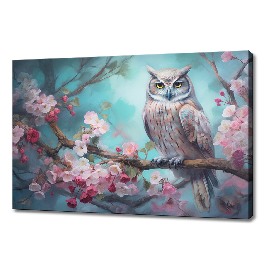 Owl on Pink Blossoming Tree, Spring Art Print