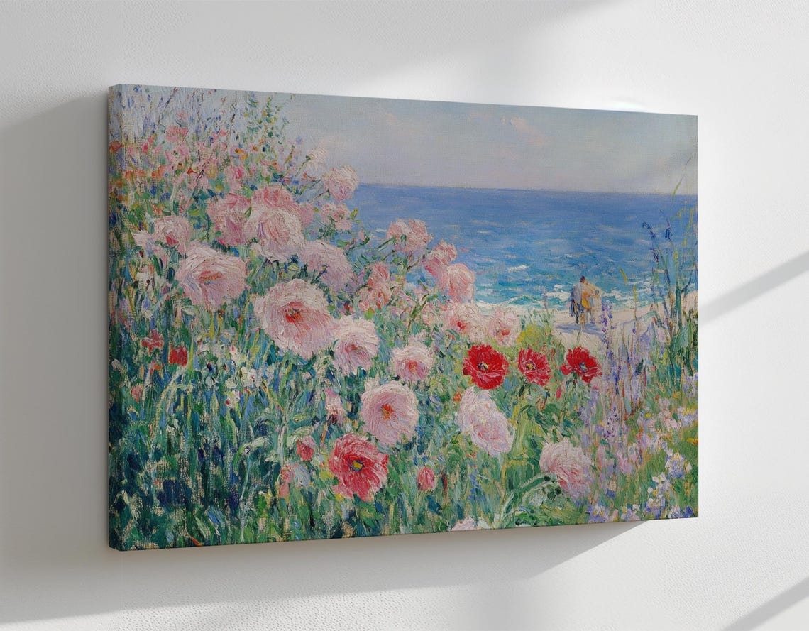 Beautiful Colourful Poppies Flowers Field By The Sea Vintage Painting Print Nature Floral Art Print Living Room Botanical Wall Art - Image 4