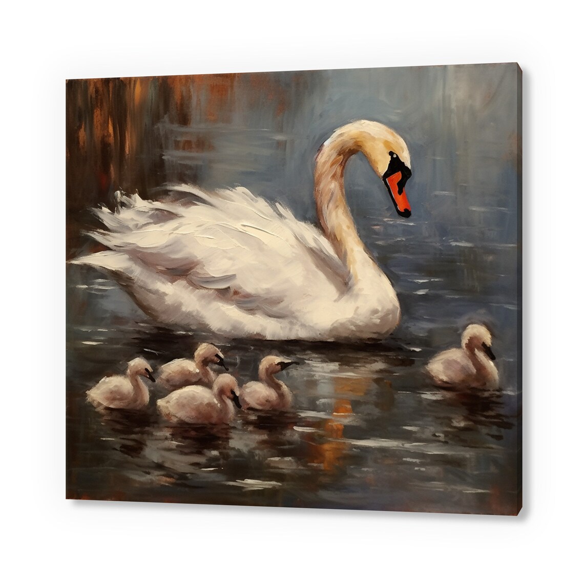 Mute Swan Mother With Cygnets On Water Serene Oil Painting Bird Poster