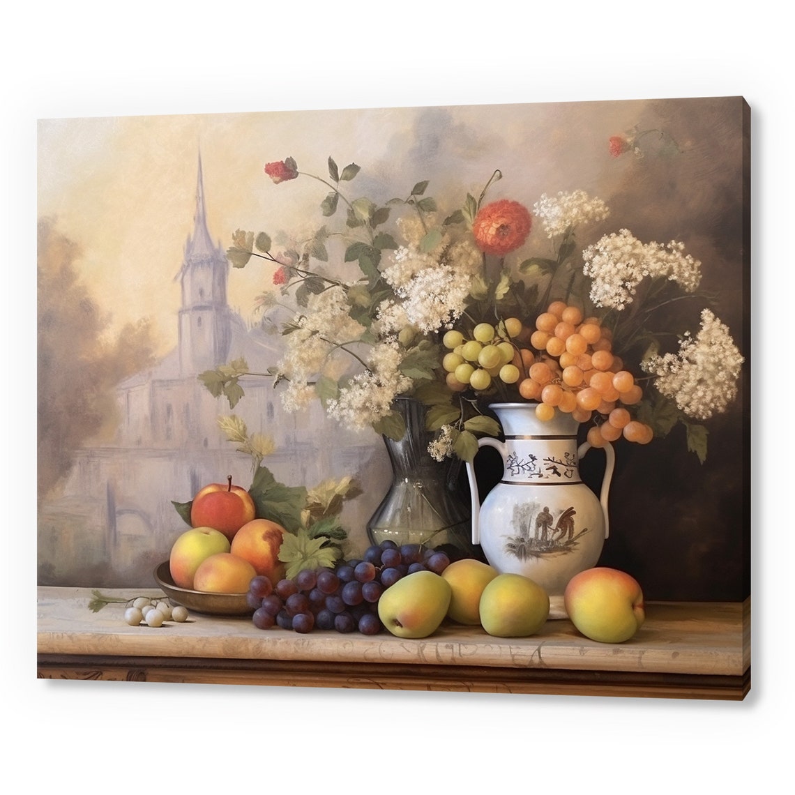 Still Life Vase With Flowers And Fruits Vintage Country Antique Print Moody Painting Print Living Room Wall Art Farmhouse Decor