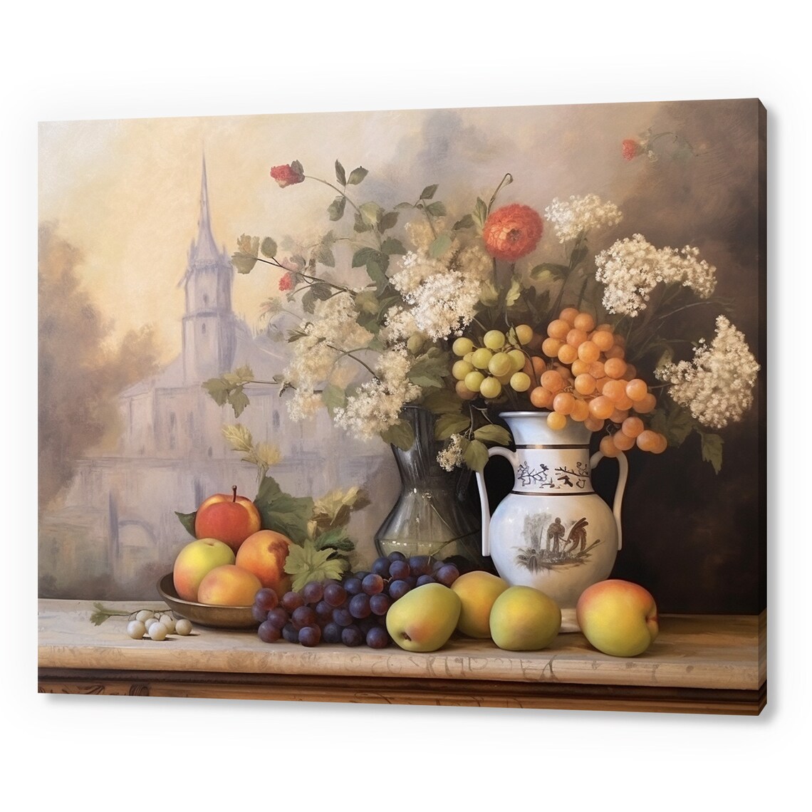 Vintage Still Life Vase Of Flowers Grapes Apples Church View Print