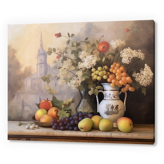 Still Life Vase With Flowers And Fruits Vintage Country Antique Print Moody Painting Print Living Room Wall Art Farmhouse Decor