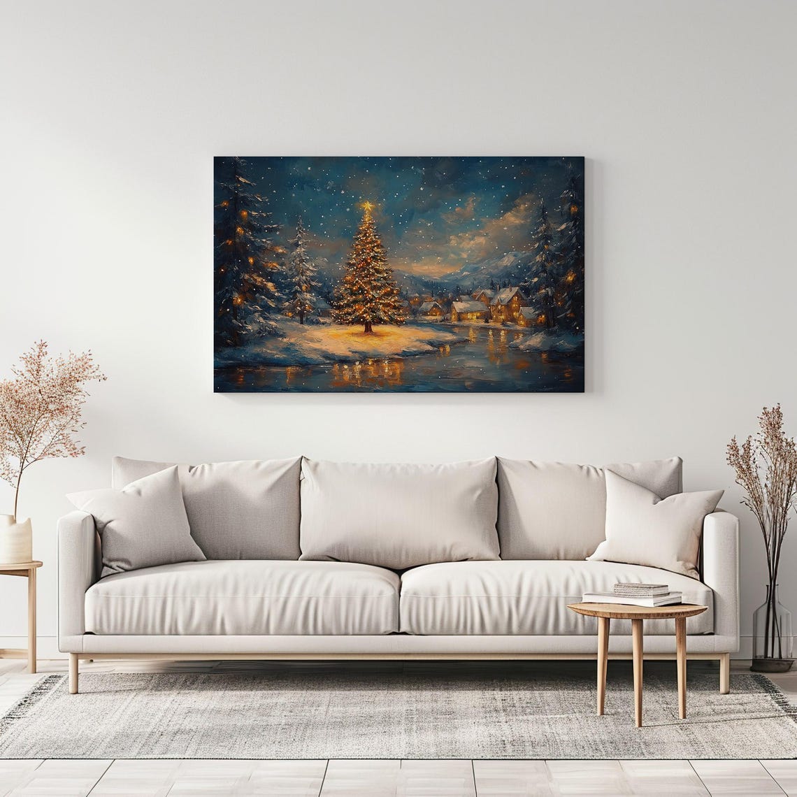Magical Christmas Tree In Village Houses Vintage Painting Print Countryside Print Living Room Wall Art Farmhouse Decor Art - Image 3