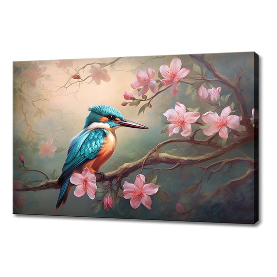 Cute Kingfisher Bird Sitting On Pink Blossom Tree Branch Print Bird Home Decor Serene Spring Scene Art Nature Inspired Wall Art