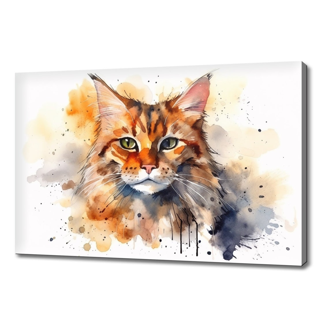 Maine Coon Cat Ginger Longhair Splash Watercolour Portrait Print