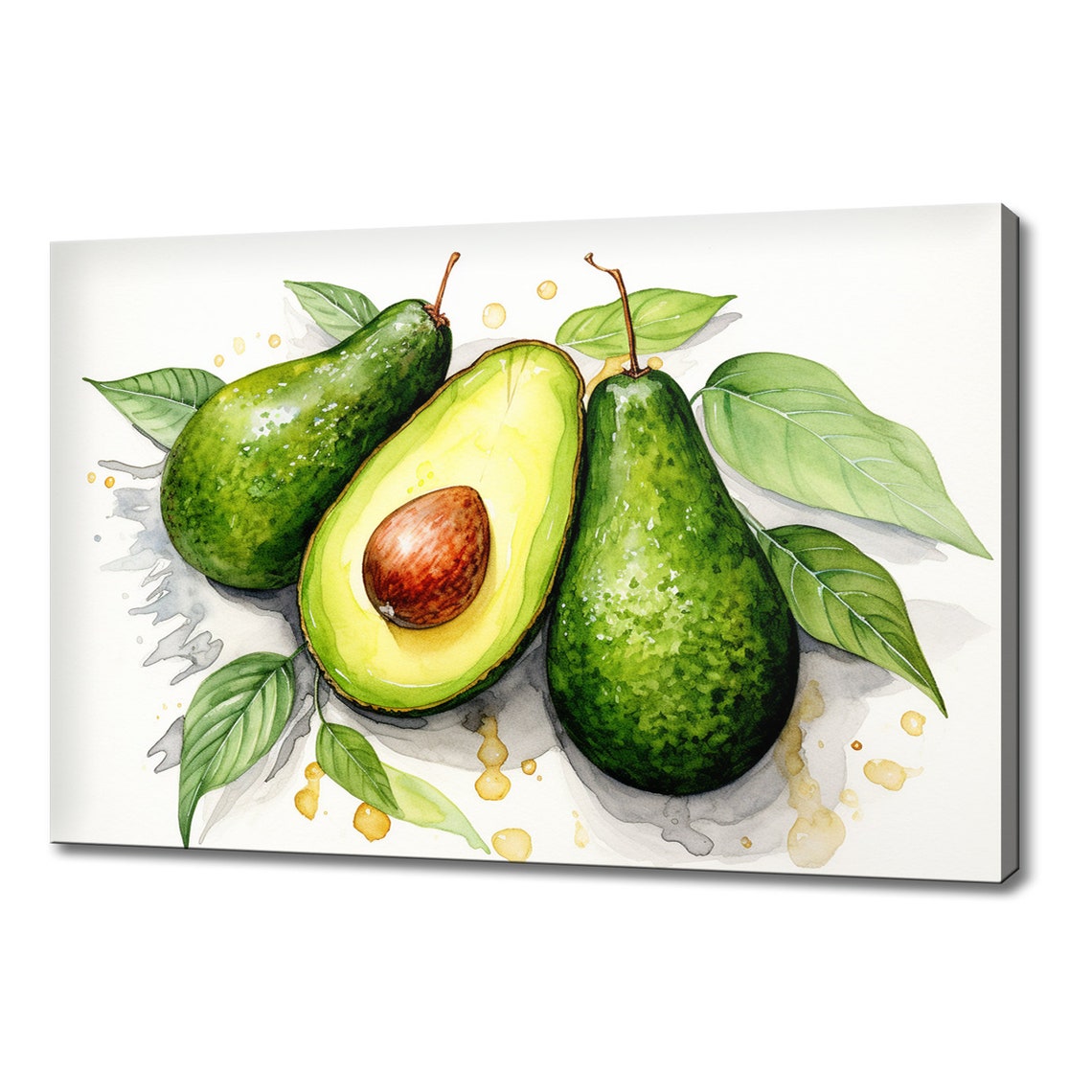 Green Avocados Whole And Halved Watercolor Fresh Kitchen Poster