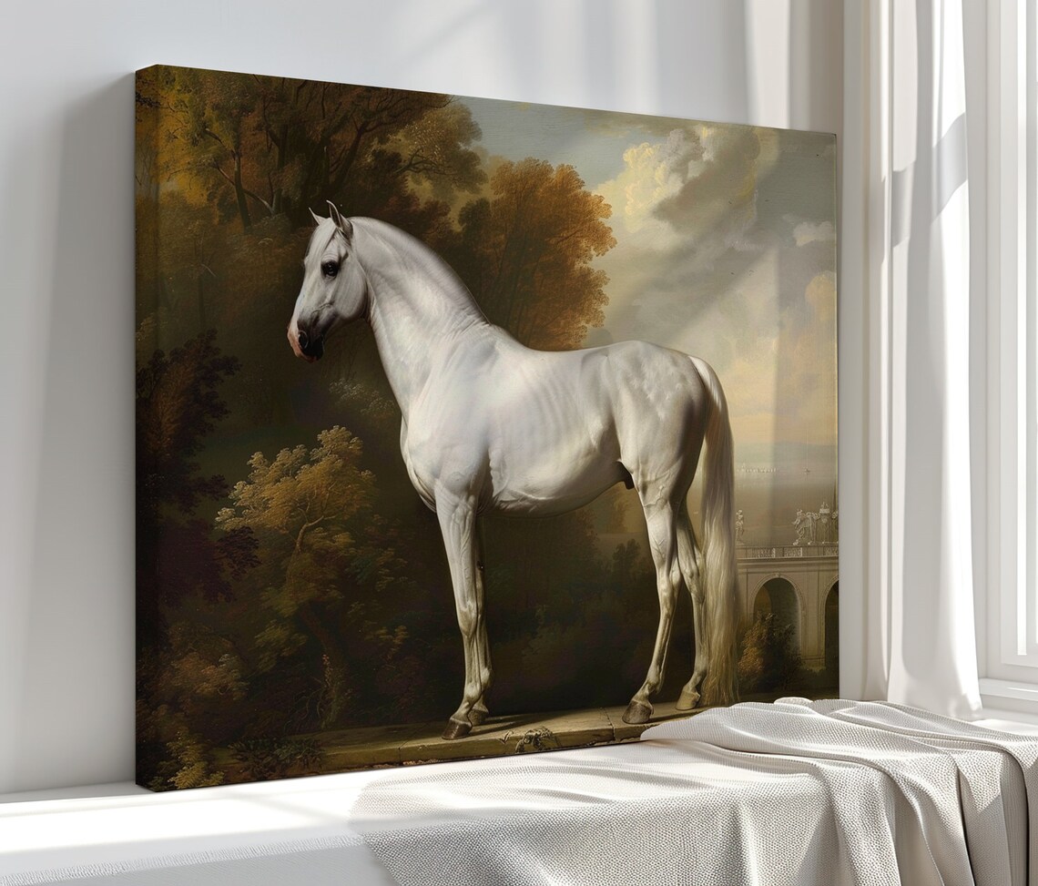 Vintage White Horse Art Print, Home Office Decor