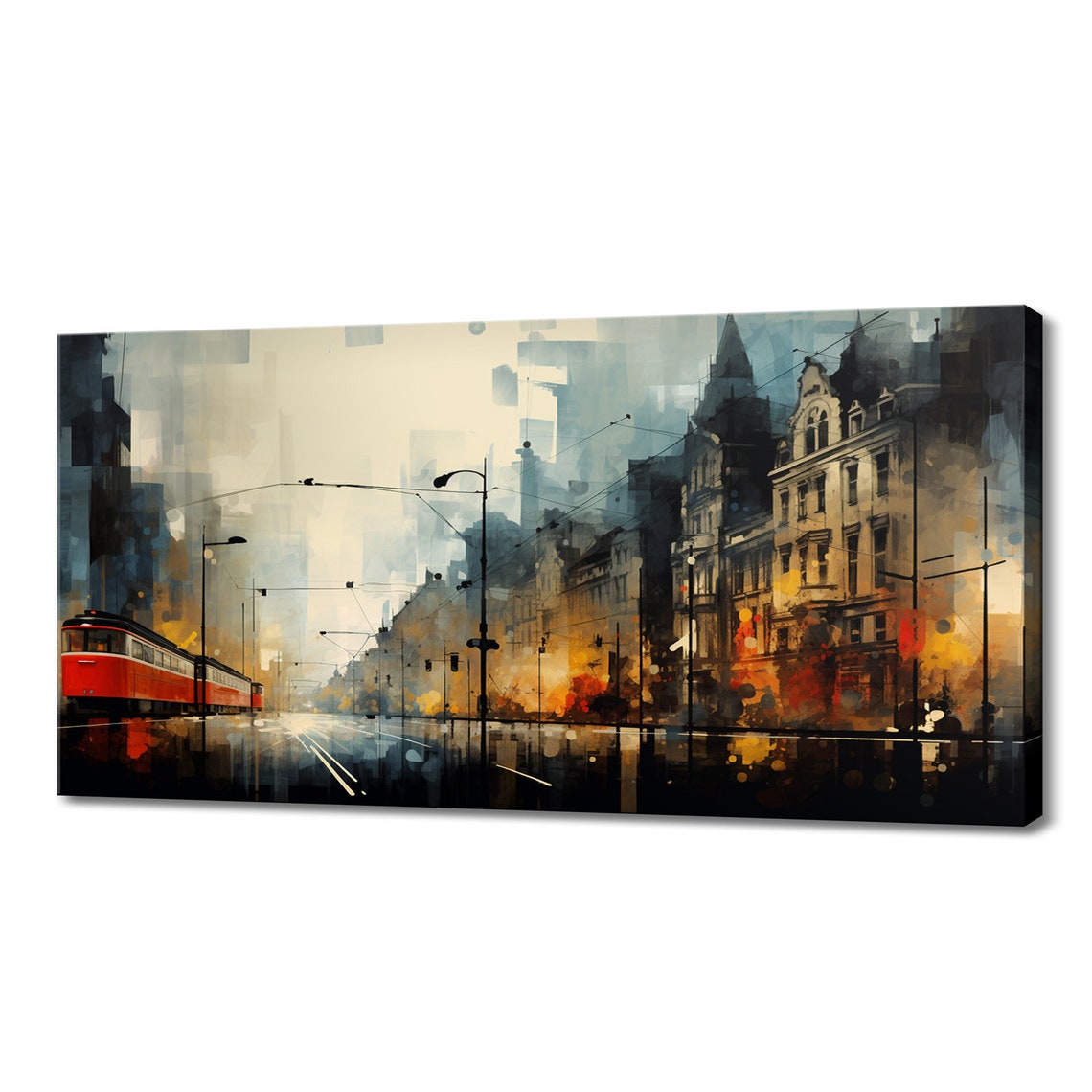 Abstract City Street Red Tram Rainy Night Moody Watercolor Art Poster