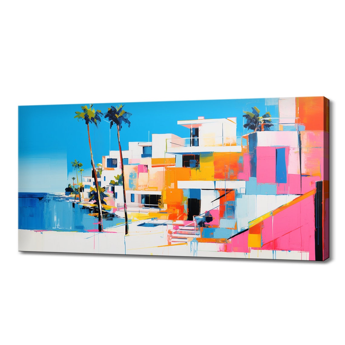 Whitewashed Coastal Town Palm Trees Turquoise Sea Abstract Art Poster