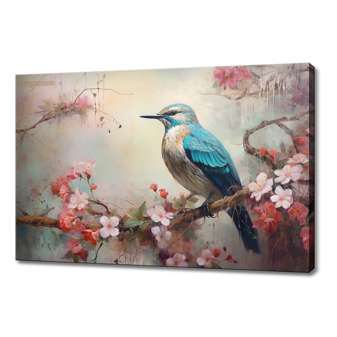 Blue Winged Songbird On Flowering Branch Soft Spring Bird Art Poster