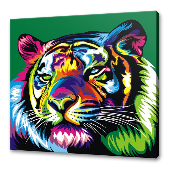 Pop Art Rainbow Tiger Head Portrait Green Background Colorful Wall Poster