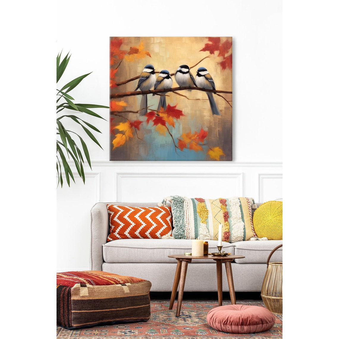 Four Chickadees on Branch Autumn Leaves Bird Painting Poster - Image 2