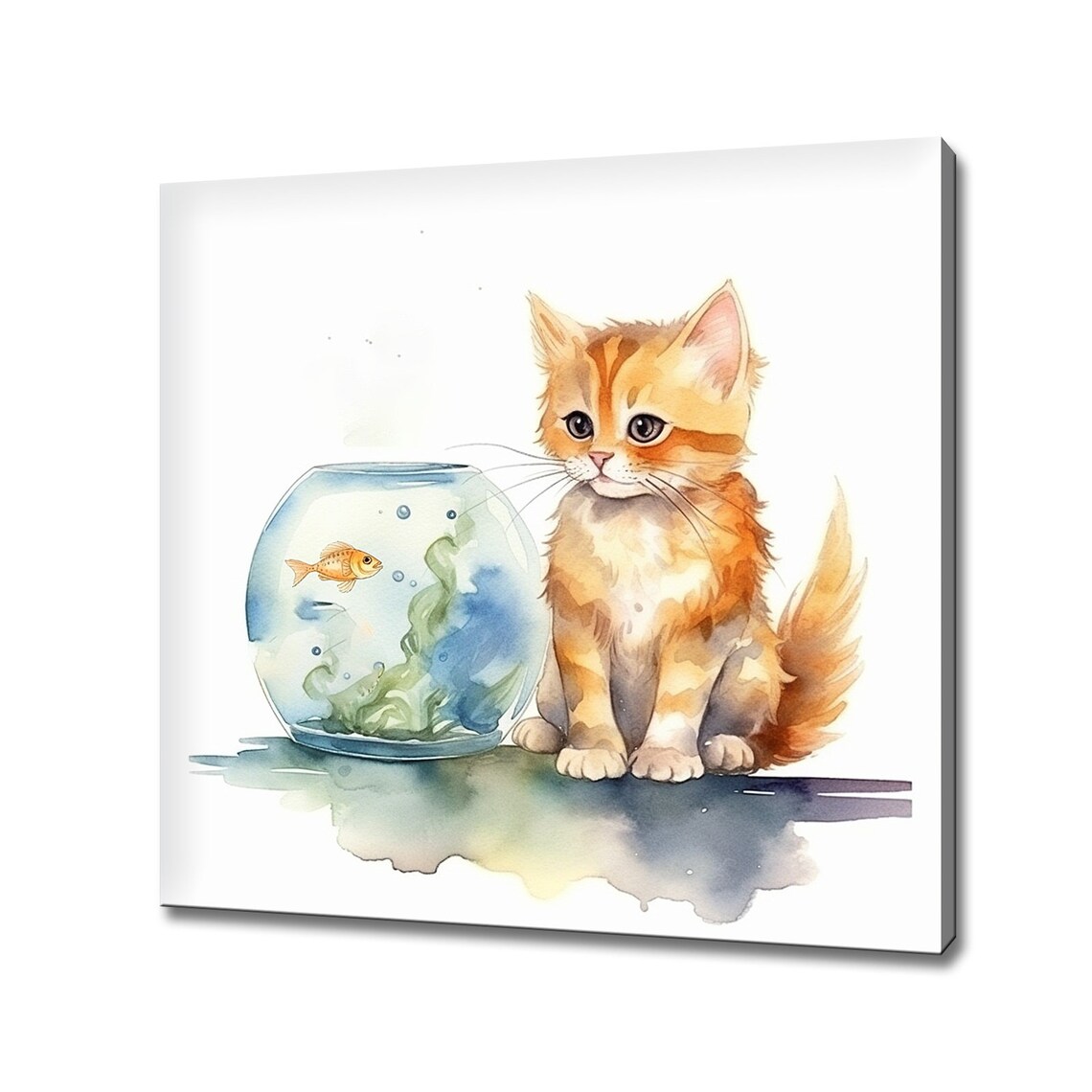 Ginger Kitten Watching Goldfish Bowl Watercolour Animal Wall Art Poster