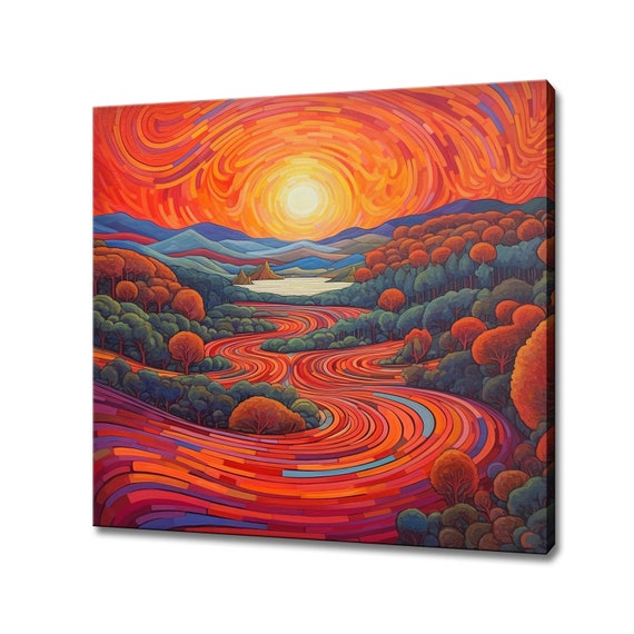 Psychedelic Abstract Sunset Landscape Painting Style Print Colourful Fantasy Retro Design Print Surreal Sunset Abstract Wall Art