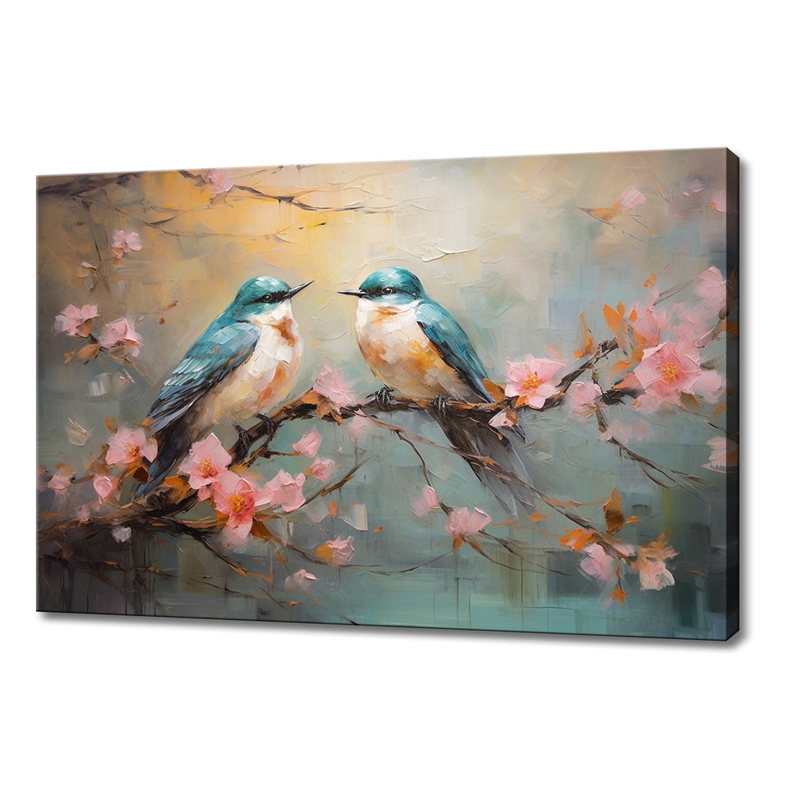 Two Blue Songbirds On Blossom Branch Romantic Impasto Bird Art Poster