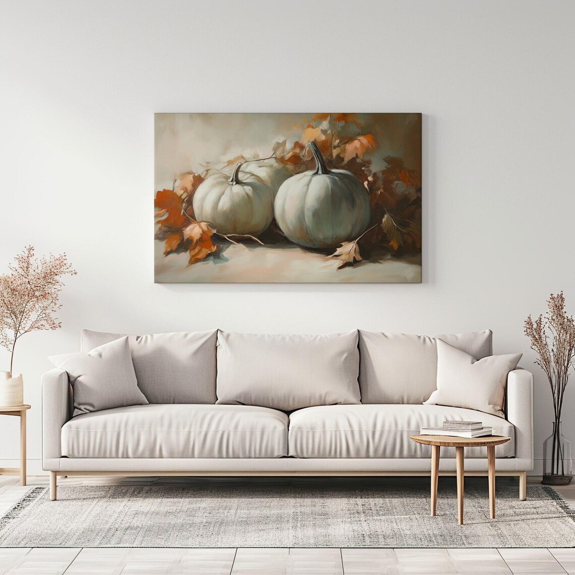 White Pumpkins Autumn Leaves Rustic Still Life Cozy Fall Harvest Painting Poster - Image 3