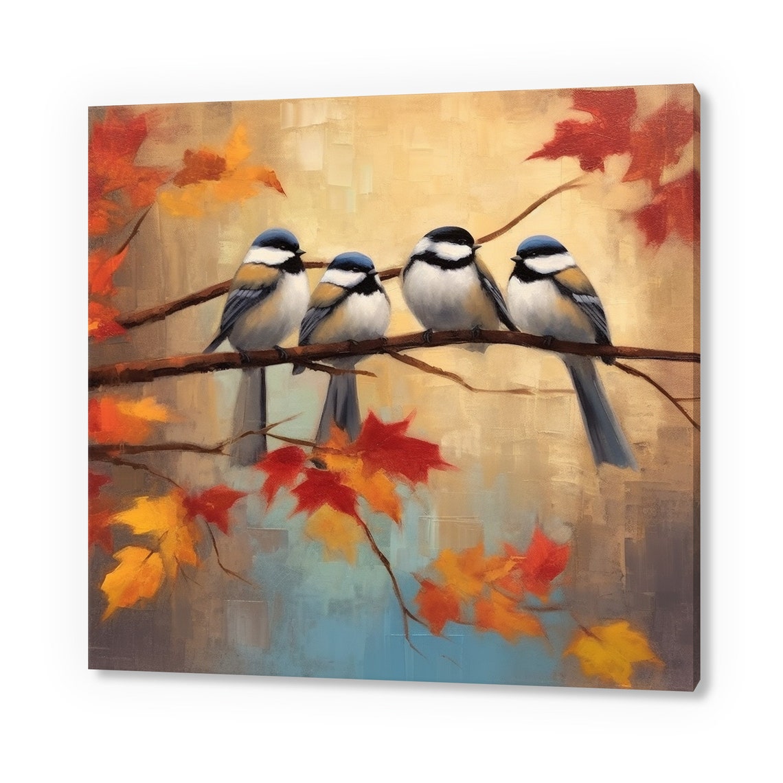 Four Chickadees on Branch Autumn Leaves Bird Painting Poster