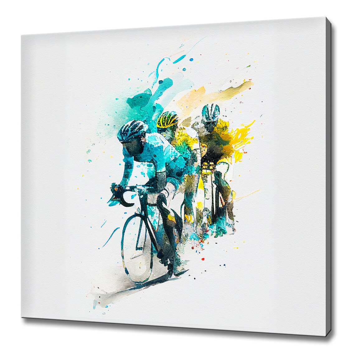 Cyclists Watercolor Splash Race Teal Yellow Abstract Sports Poster