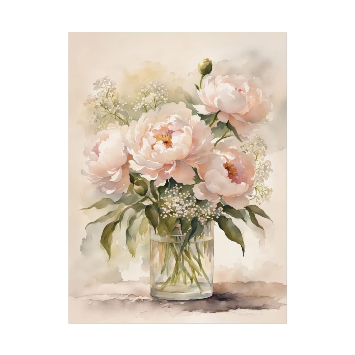 Pale Pink Peony Flowers Watercolor Botanical Art Print