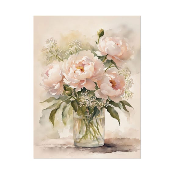 Pale Pink Peony Flowers Watercolor Botanical Art Print
