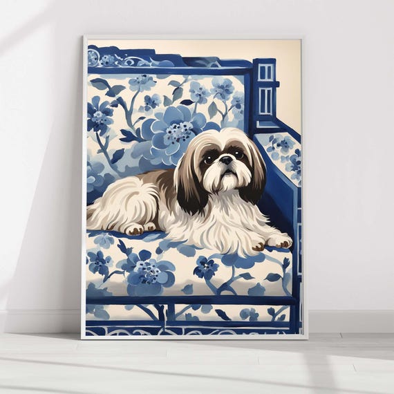 Shih Tzu Art Print Matte Vertical Posters Dog Lover Poster Unique Gift Watercolor Painting Blue Floral Chinoiserie Wall Home Decor