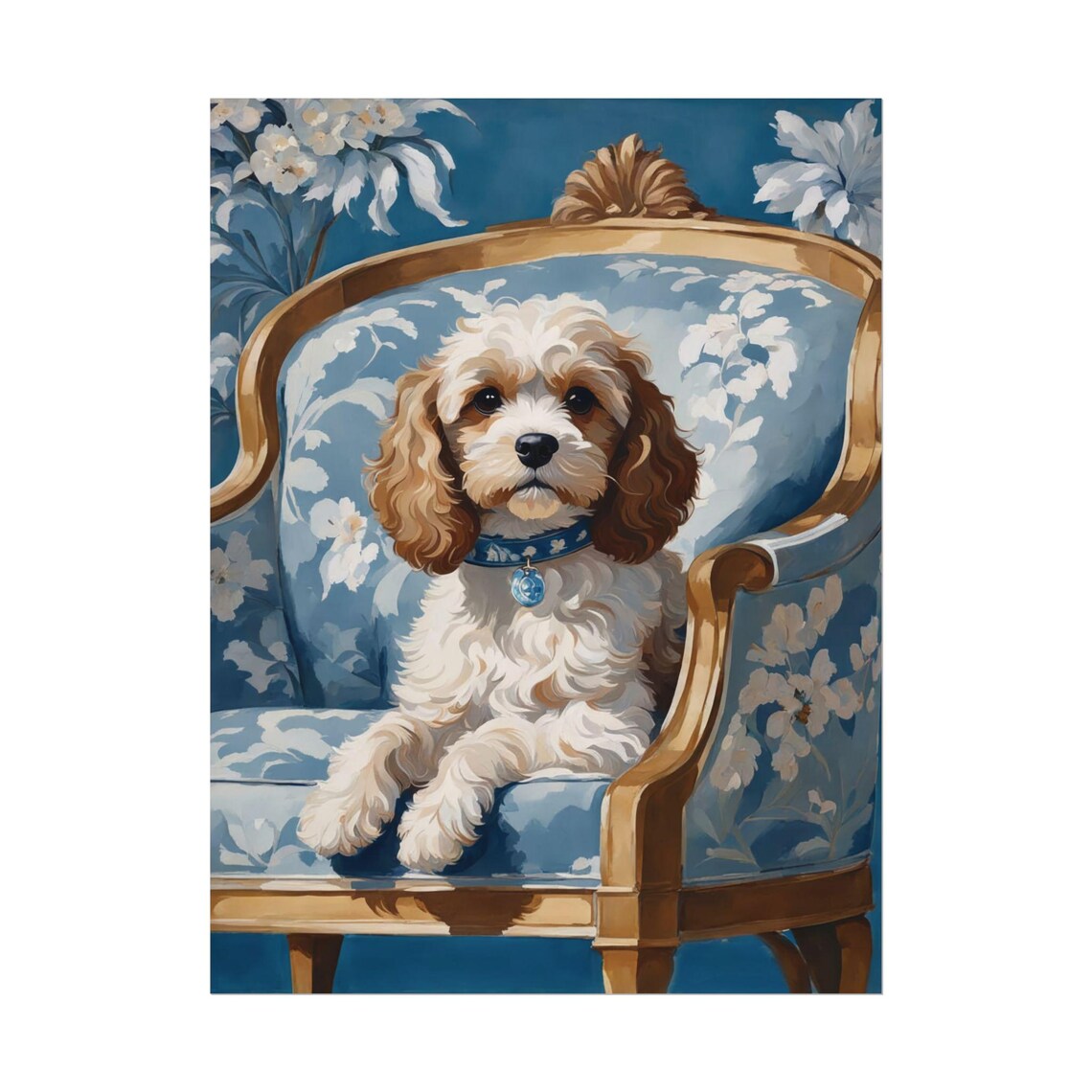 Cavapoo Blue Floral Chinoiserie Art Print