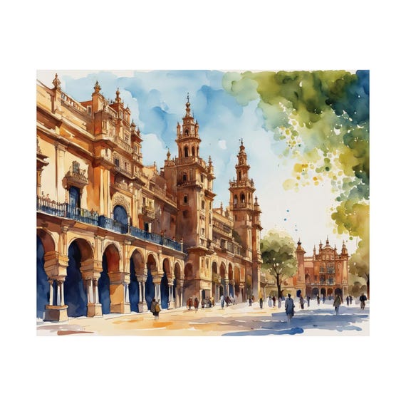Plaza De Espana Watercolor Painting Seville Spain Art Print Cityscape Fine Travel Poster Gift