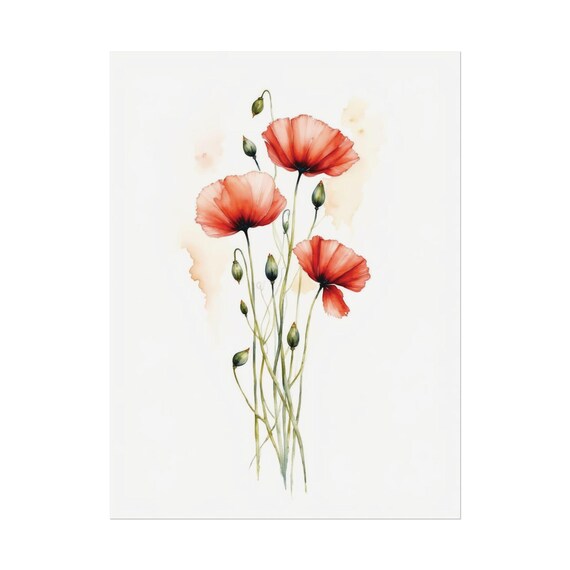 Minimalist Red Poppy Watercolor Painting Still Life Wildflowers Poppies Artwork Floral Wall Art Flowers Print 116